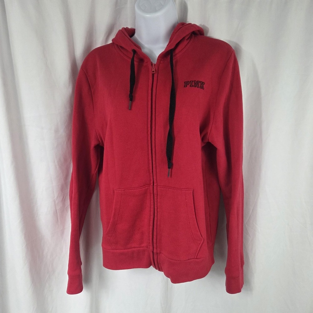 PINK Victoria's Secret Hoodie Womens Medium Red Full Zip Sweatshirt Fleece Logo